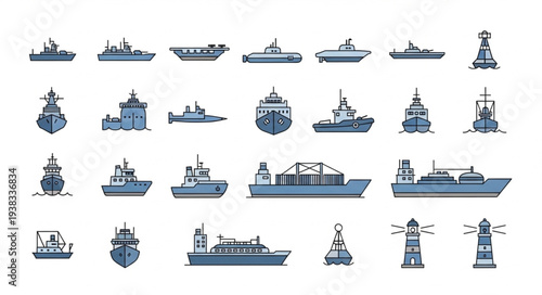 Collection of Various Navy Ships Icons.
