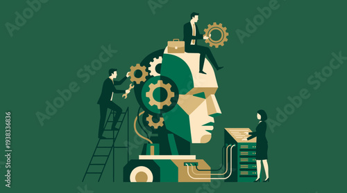 Businesspeople interacting with a giant robotic head featuring visible gears and wiring, concept for artificial intelligence consulting, machine learning development and technology integration