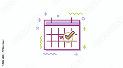 Minimalist line icon of a monthly calendar with date 15 checked off, concept for scheduling management, deadline reminder and appointment booking app