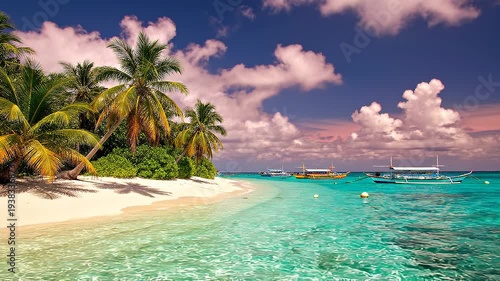 Tropical island beach with palm trees, turquoise ocean, and sailboats in the background, sunny vacation scenery