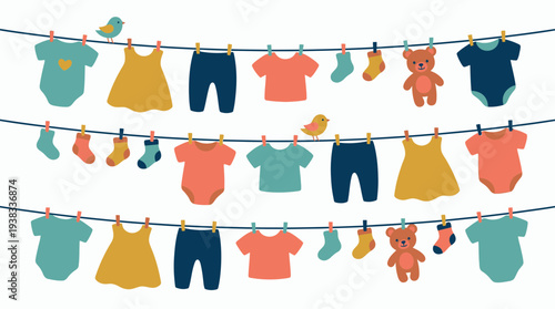 Colorful baby clothes and toys drying on clothesline with small birds, concept for nursery decoration, children's clothing advertisement and daycare promotion