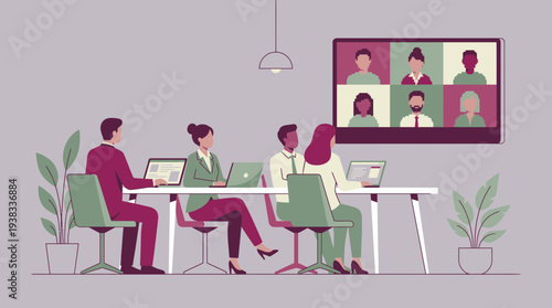 Four office workers in a meeting attending a hybrid video conference on a large screen, concept for remote collaboration presentation, business communication strategy and corporate team building