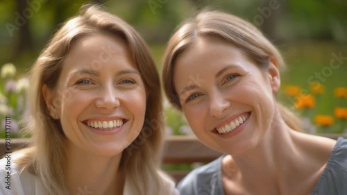 Two women smiling outdoors in a garden with flowers