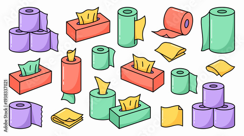 Collection of colorful cartoon toilet paper rolls and tissue boxes vector set, concept for hygiene advertising, bathroom interior design and cleaning product packaging
