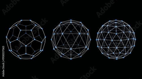 Three wireframe models of Fullerene C60 molecule structure progression on black background, concept for nanotechnology research, chemistry study and molecular visualization