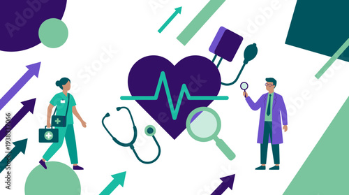 Female nurse and male cardiologist examining heart health icons with upward arrows, concept for medical research presentation, clinical diagnostics service and healthcare optimization