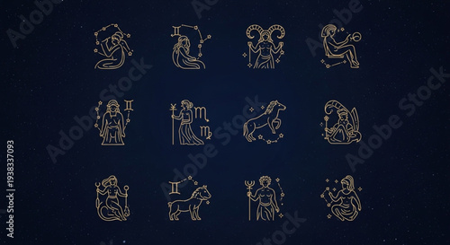 Collection of Zodiac Constellation Symbols on Dark Blue Background.