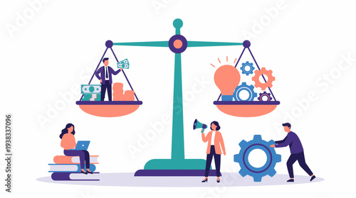 Illustration of a scale balancing money held by a businessman against ideas and gears, concept for investment strategy, knowledge value and business development