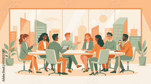 Diverse team of office workers in a business meeting around a conference table with city view, concept for corporate discussion, teamwork strategy and project management