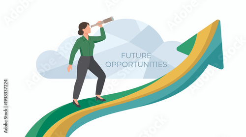 Businesswoman executive looking through telescope standing on upward growth arrow, concept for vision planning, career strategy and future success