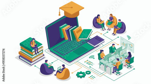 Isometric illustration of students learning online with graduation cap coming out of a laptop, concept for distance education, e-learning platform and digital university training