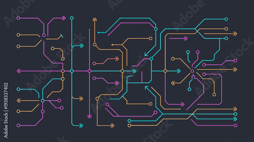Abstract visualization of complex network flow with colorful lines and arrows on dark background, concept for data processing, technology solutions and connectivity diagrams