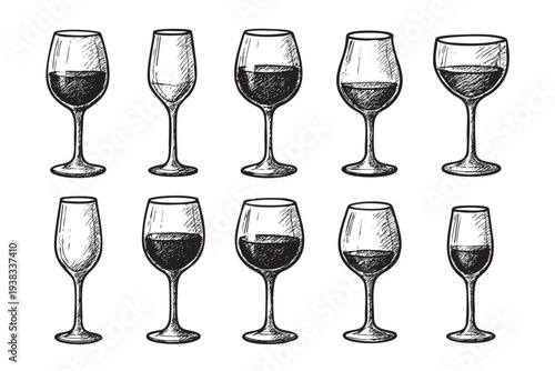 Hand-drawn illustration of assorted wine glasses, both full and empty, in a sketch style against a clean white backdrop, ideal for menus or beverage-related designs.