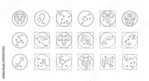 Collection of Zodiac Constellation Symbols and Icons.