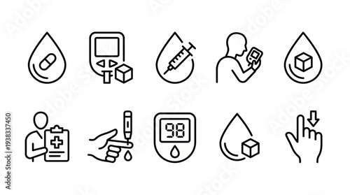 Set of thin line icons representing diabetes management with blood glucose testing and insulin injection, concept for medical infographics, healthcare applications and patient education materials