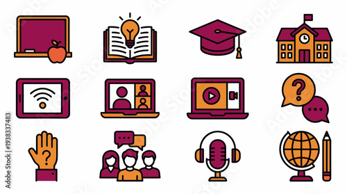 Set of colorful line icons representing modern digital education and e-learning concepts, concept for online courses presentation, virtual classroom setup and academic resources visualization