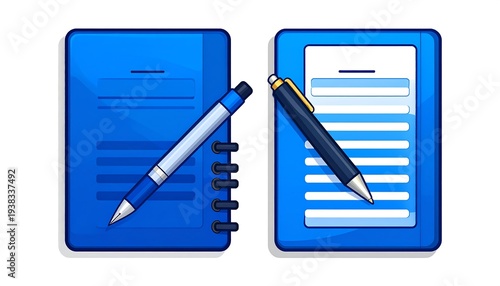 Two blue notepads, one spiral-bound, both with pens resting on top. Lines suggest paper inside each