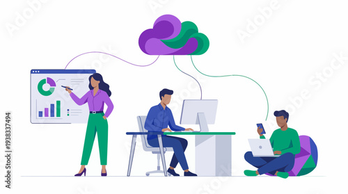 Female business analyst presenting data with cloud connectivity and teamwork concept for data analysis presentation, remote collaboration and digital workflow integration