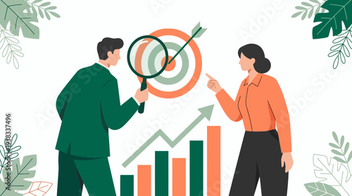 Business analyst examining growth chart with female colleague pointing at target arrow, concept for marketing strategy, financial reporting and objective achievement
