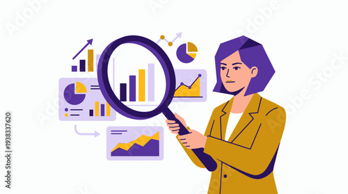 Female business analyst scrutinizing growth charts and statistics with a magnifying glass, concept for financial report analysis, market research visualization and data strategy planning