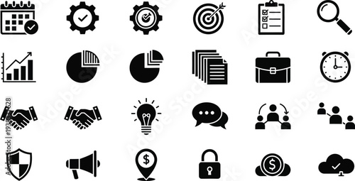 Collection of business and productivity icons in black and white