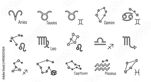 Collection of Zodiac Constellation Symbols and Names.