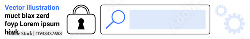 Magnifying glass icon in search bar with padlock icon and background gears. Ideal for security apps, search algorithms, data protection, encryption, secure browsing, user interface elements, privacy