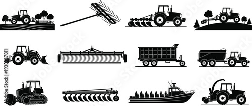 Agricultural machinery and farm equipment silhouettes including tractors plow rake trailer and harvester vector collection isolated on white background