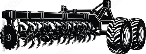 Agricultural rotary tiller cultivator farm machinery attachment for tractor soil preparation equipment black vector illustration isolated on white background