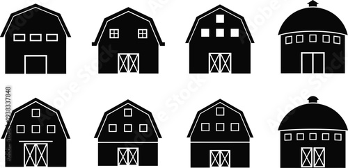 Barn silhouettes collection with classic farm buildings rural agriculture architecture icons black vector set isolated on white background