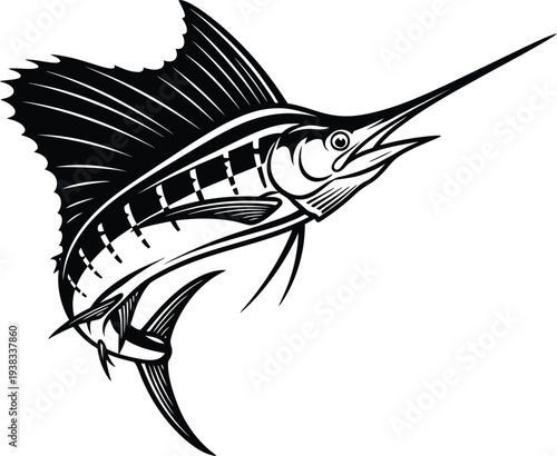 A black and white drawing of a sailfish jumping out of the water