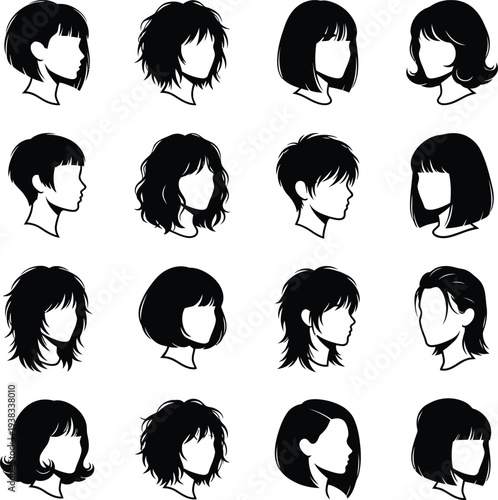 Trendy Bob Hairstyle Silhouette Set Vector Modern Short Hair Bangs Women Haircut Fashion Female Black Figure Isolated
