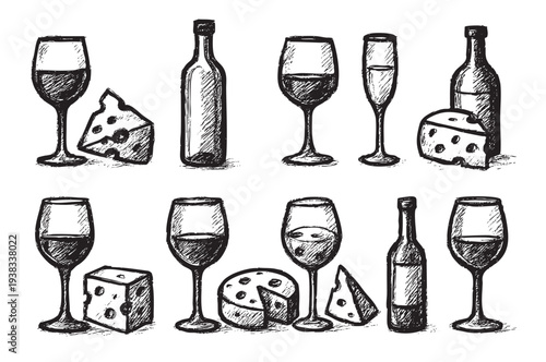 Black and white sketch featuring assorted wines and cheeses in a simple, rustic style. Ideal for wine, food, or restaurant themes.