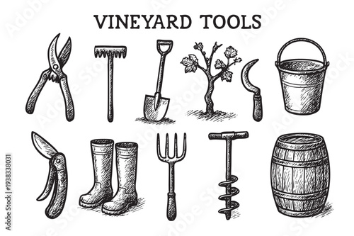 A hand-drawn, monochrome sketch of various vineyard tools and equipment, including shears, shovels, buckets, and boots, isolated on a white background, evoking a rustic and agricultural feel.