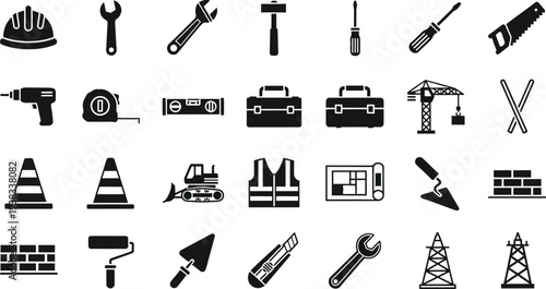 Collection of construction tools and equipment icons