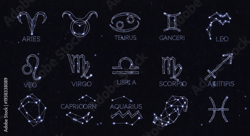 Collection of Zodiac Constellation Symbols and Names.