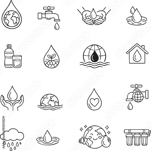 World Water Day line icon set. Save water, ecology, and environmental protection symbols. Vector illustration of hand-drawn water conservation concepts.
