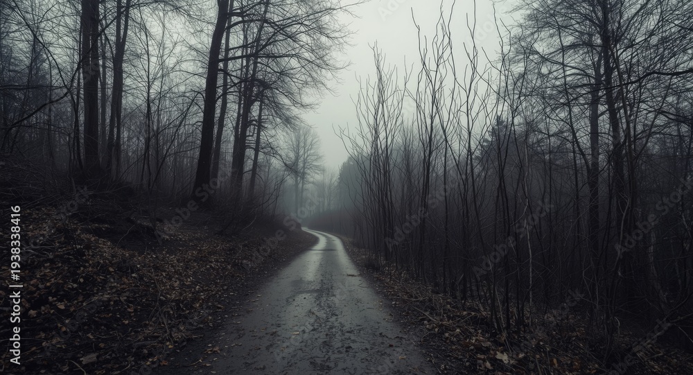 Fototapeta premium Gloom filled forest path surrounded by bare branches