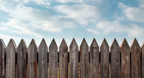 Antique stockade fence with pointed wooden logs and textured weathered surface beneath serene sky