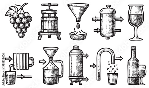 Hand-drawn style illustration depicting the wine-making process, from harvesting grapes to pouring a glass, showcasing steps in a simplified and artistic manner.