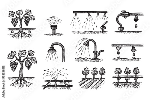 Black and white illustration showing various irrigation systems like drip, sprinkler, and surface irrigation used in agriculture and farming, ideal for illustrating water management.