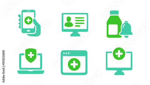 Flat healthcare icons featuring smartwatch health, medical ID card, patient records, and hospital alert.