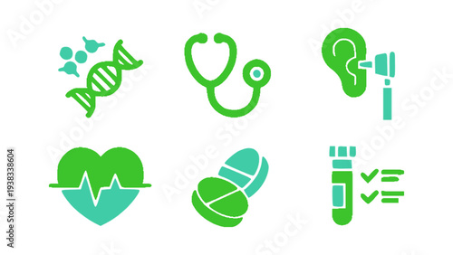Flat medical icons including doctors, prescription, medicine bottle, and healthcare checklist.