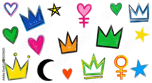 Collection of Hand Drawn Crowns Hearts Stars and Moon Symbols.