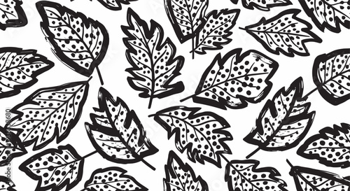 Hand Drawn Black And White Leaf Pattern.