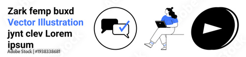 Female figure working on a laptop, speech bubble with a check mark, and a play button. Ideal for business presentations, remote work, online communication, digital media, project management
