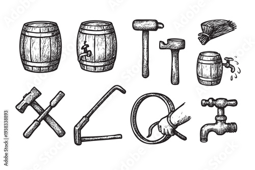 Black and white illustration depicting cooper tools, including barrels, mallets, and hand tools used in barrel making, conveying a vintage, artisanal and craft aesthetic.