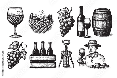 Black and white illustration featuring wine related items like grapes, bottles, glasses, vineyard, a barrel and a man. Great for wine advertising.