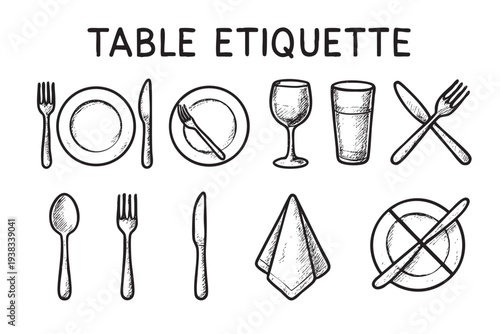 Illustrated table etiquette icons display cutlery arrangement and proper dining manners, sketched simply in black and white for educational restaurant guides or infographics.