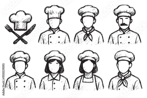 A set of eight sketched chef avatars, featuring diverse genders and apparel variations; ideal for culinary blogs, restaurant branding, and food-related design projects.